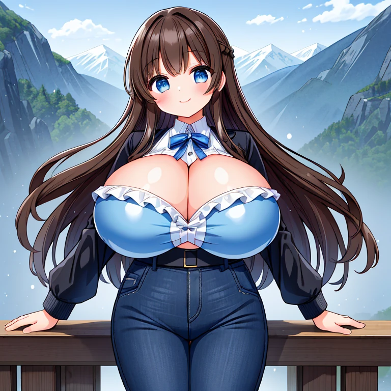 ((Masterpiece)), ((1girl)), ((Best Quality)), ((Perfectly Drawn)), ((Best Detail)). A Beautiful Cute Girl, (Excessively Overinflated Breasts, Extremely Ginormous, Absolutely Massive Breasts: 1.69), ((Lush, Long DarkBrown Hair)), (Big Beautiful Blue Eyes), incredibly wide hips, ((Black-Leather-Jacket)), ((Dark-Blue Spandex Cropped top)), and (DarkBlue Jeans), with a soft grin, Beautiful view of mountains in the background, Big Cleavage,
