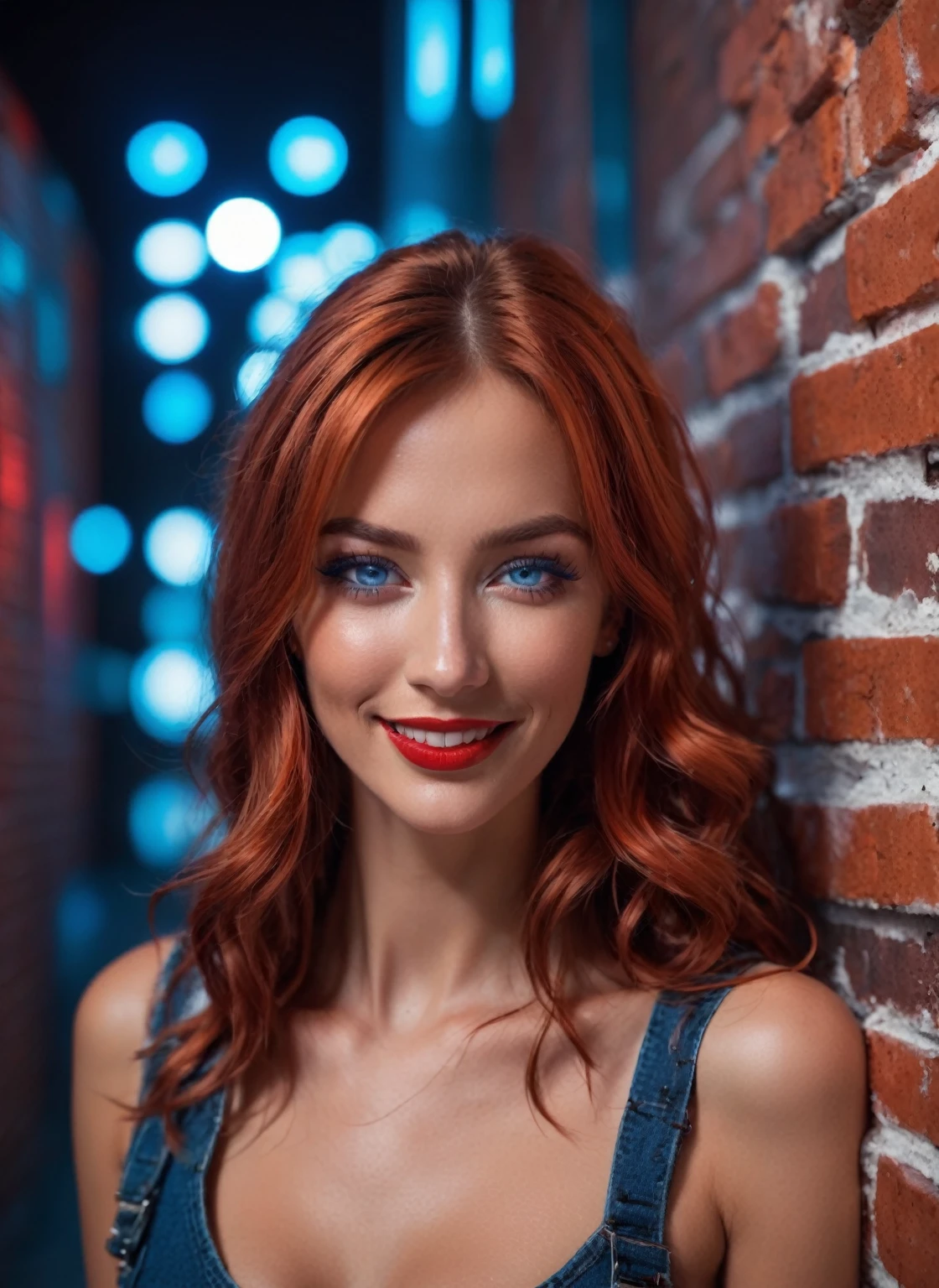 Scene with many details of copper pipes on an exposed brick wall, neon lighting brings charm to the scene.
Main scene a beautiful tanned woman blue eyes red lips dark mascara laughing with long wavy red hair, a perfect face and an athletic body in a futuristic outfit, dynamic pose full body view hyper detail hyper realistic dynamic uhd 8k ultra high definition. Camera Configuration:
Camera Type: Professional high-resolution DSLR camera.
Lens: A high-quality wide-angle lens to capture the entire scene in a single image.
Lens Focal Length: Approximately 35mm to capture a wide, immersive perspective of the scene.
Aperture: Set to f/4 to ensure sufficient depth of field to keep the woman fully in focus, while creating a slight blur in the background.
ISO: Adjusted to 100 to ensure a sharp, high-quality image. Shutter Speed: Fast enough to freeze any movement of the woman, for example 1/500 second. White Balance: Configured for the specific lighting conditions of the environment, ensuring accurate and natural colors.
Focus Mode: Single-point autofocus to ensure the woman's details are sharp and well-defined.
Image Stabilization: Enabled to ensure sharp images, especially when shooting at a shorter focal length.