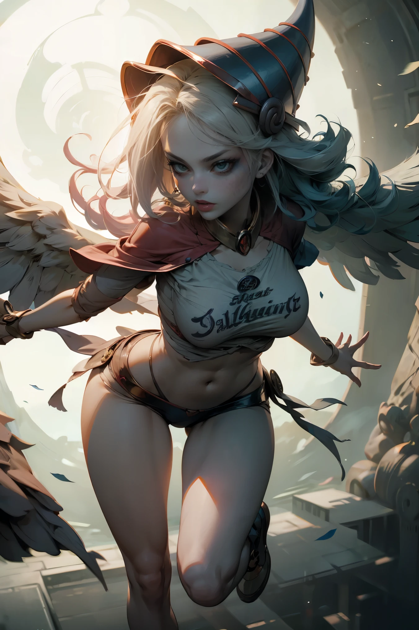 (Obra maestra:1.2), (La mejor calidad:1.2), Perfect lighting, Chica Maga Oscura lanzando un hechizo, flotando en el aire, tetas grandes, escote, fondo de magia. Corazones transparente en el hambiente, bata azul, sombrero grande, desde arriba, Destellos, Yugioh Card en el fondo. En tacones y en ?????? 