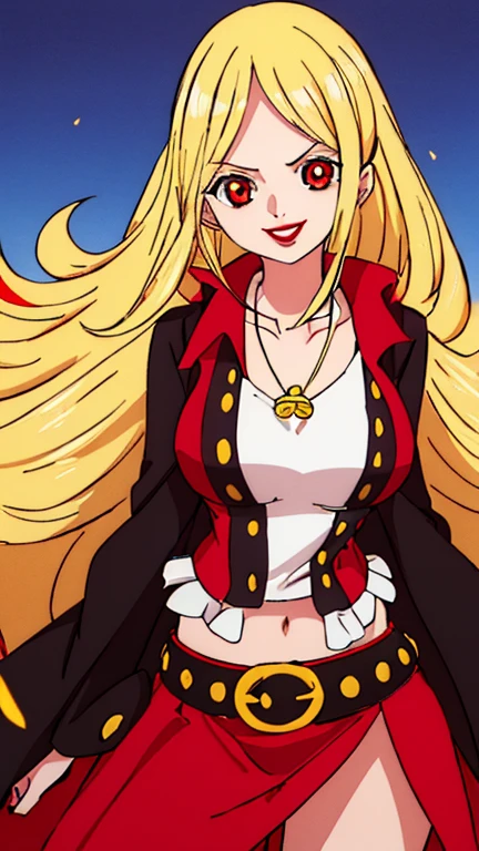 Beautiful anime girl, solo, 1girl, looking at viewer, cute, beautiful, red eyes, long hair, open hair, blonde hair, short braids in hair, strawhat, one piece, smiling, smooth skin, light skin, red lips, anime, best quality, masterpiece, extremely detailed, 4k, red eyes, beautiful red eyes, detailed face, detailed eyes, black top, red open coat, black skirt, golden belt, golden necklace, golden earings, standing, extremely beautiful, highres, high quality eyes, hair covering one eye,  wanostyle, ((masterpiece)), (best quality), (extremely detailed), depth of field, sketch, dark intense shadows, sharp focus, soft lighting, hdr, colorful, good composition, spectacular, anime screencap, (Highest quality illustrations:1.2), (Kawaii Girl:1.1), (1girl in, solo:1.5), One pose、Neat and clean image、ultradetailed eyes:1.2), ((red-eyed、Blonde hair:1.5))、hair wavy、curlyhair, hair wavy、BREAK(top-quality、ultra-detailliert、highly detailed and beautiful、超A high resolution、Detailed arm:1.2)、a closeup、bustup, Wink, normal sized breasts, ocean beach background, pirate, high quality jewelry