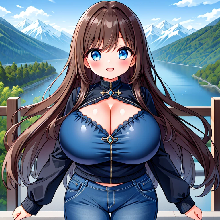 ((Masterpiece)), ((1girl)), ((Best Quality)), ((Perfectly Drawn)), ((Best Detail)). A Beautiful Cute Girl, (Excessively Overinflated Breasts, Extremely Overly Huge breasts, Absolutely Gargantuan Breasts: 1.5), ((Lush, Long DarkBrown Hair)), (Big Beautiful Blue Eyes), incredibly wide hips, ((Black-Leather-Jacket)), ((Dark-Blue Spandex Cropped top)), and (DarkBlue Jeans), with a soft grin, Beautiful view of mountains in the background, Big Cleavage,