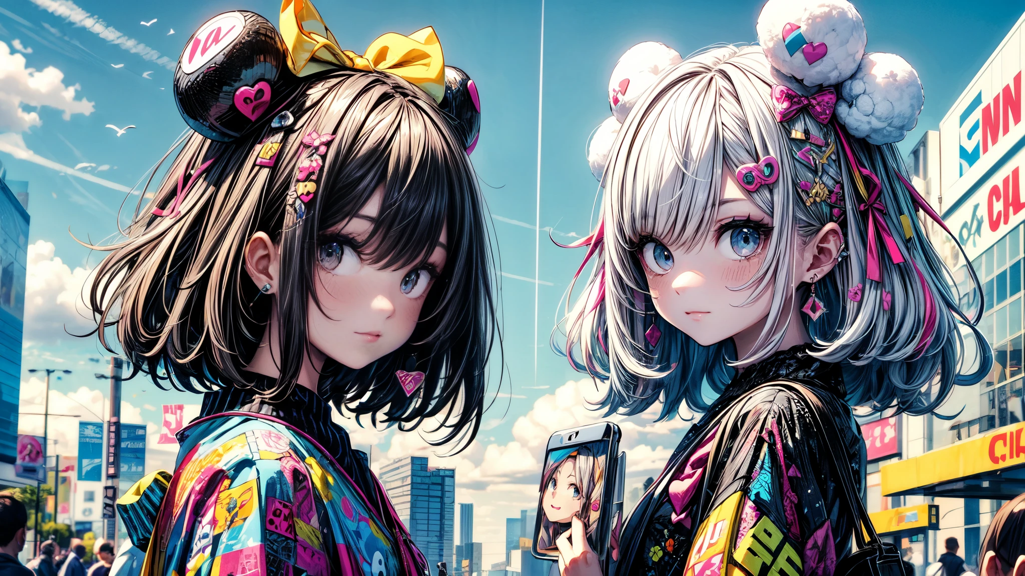 "kawaii, lindo, Adorable dressed in pink, amarillo, y esquema de color azul celeste. Lleva ropa inspirada en el cielo con nubes y motivos del cielo.. Su atuendo es esponjoso y suave., Con accesorios decorativos como pinzas para el cabello.. Ella encarna un estilo de moda Harajuku vibrante y moderno.."
