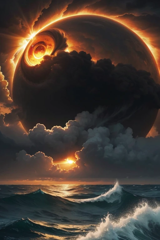 A beautiful, detailed and detailed oil painting of a sun that looks like a desperate human eye sinking into a stormy sea. Thick black clouds surround her. The sun raises his hands like someone about to drown and tries to drive away the clouds. The eye sheds a single tear. The sun occupies 50% of the image. No people in the picture.