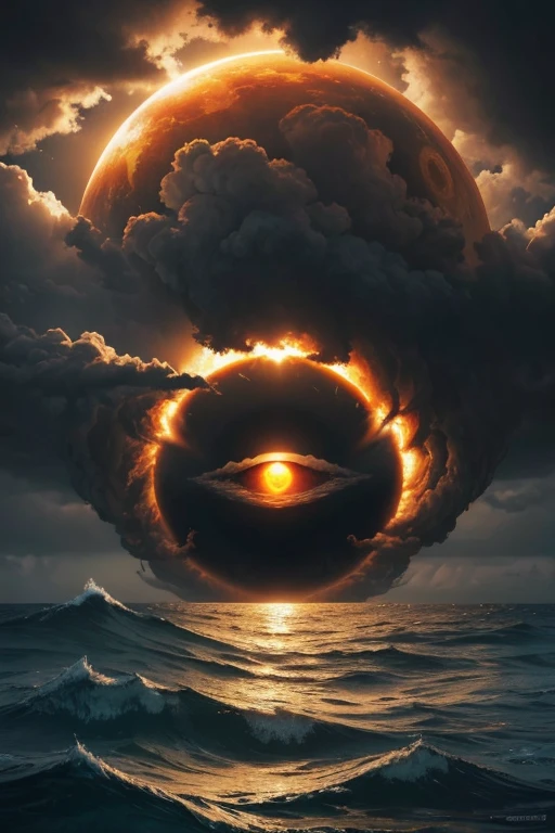 A beautiful, detailed and detailed oil painting of a sun that looks like a desperate human eye sinking into a stormy sea. Thick black clouds surround her. The sun raises his hands like someone about to drown and tries to drive away the clouds. The eye sheds a single tear. The sun occupies 50% of the image. No people in the picture.