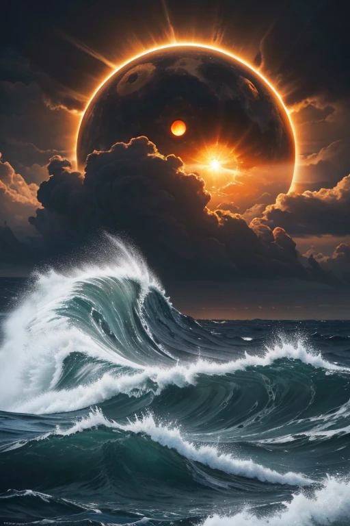 A beautiful, detailed and detailed oil painting of a sun that looks like a desperate human eye sinking into a stormy sea. Thick black clouds surround her. The sun raises his hands like someone about to drown and tries to drive away the clouds. The eye sheds a single tear. The sun occupies 50% of the image. No people in the picture.