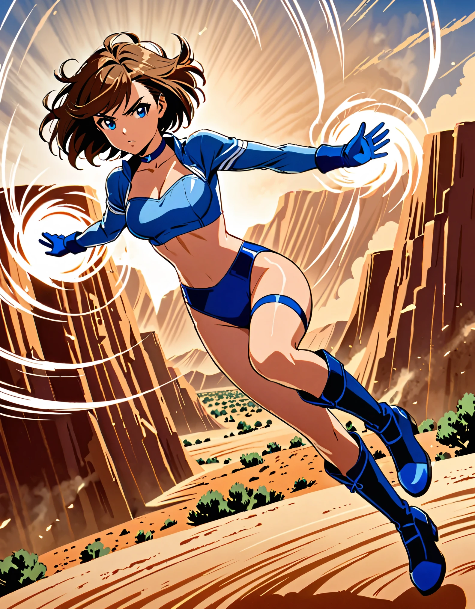1girl, superhero, blue choker, blue eyes, blue footwear, blue gloves, boots, leotard, midriff, long sleeves, medium breasts, brown hair, knee boots, short hair, bob hair, solo, determined, full body, desert backdrop, sandstorm, college-age female. raised arms. She spins at an incredible speed, creating a whirlwind of air around her. She rotates her body in place at super speed. She spins fast in place like a tornado. Cyclone spinning. Rapid gyration. Tornado winds around her. She super-spins. Speed lines. Spiral lines around her.