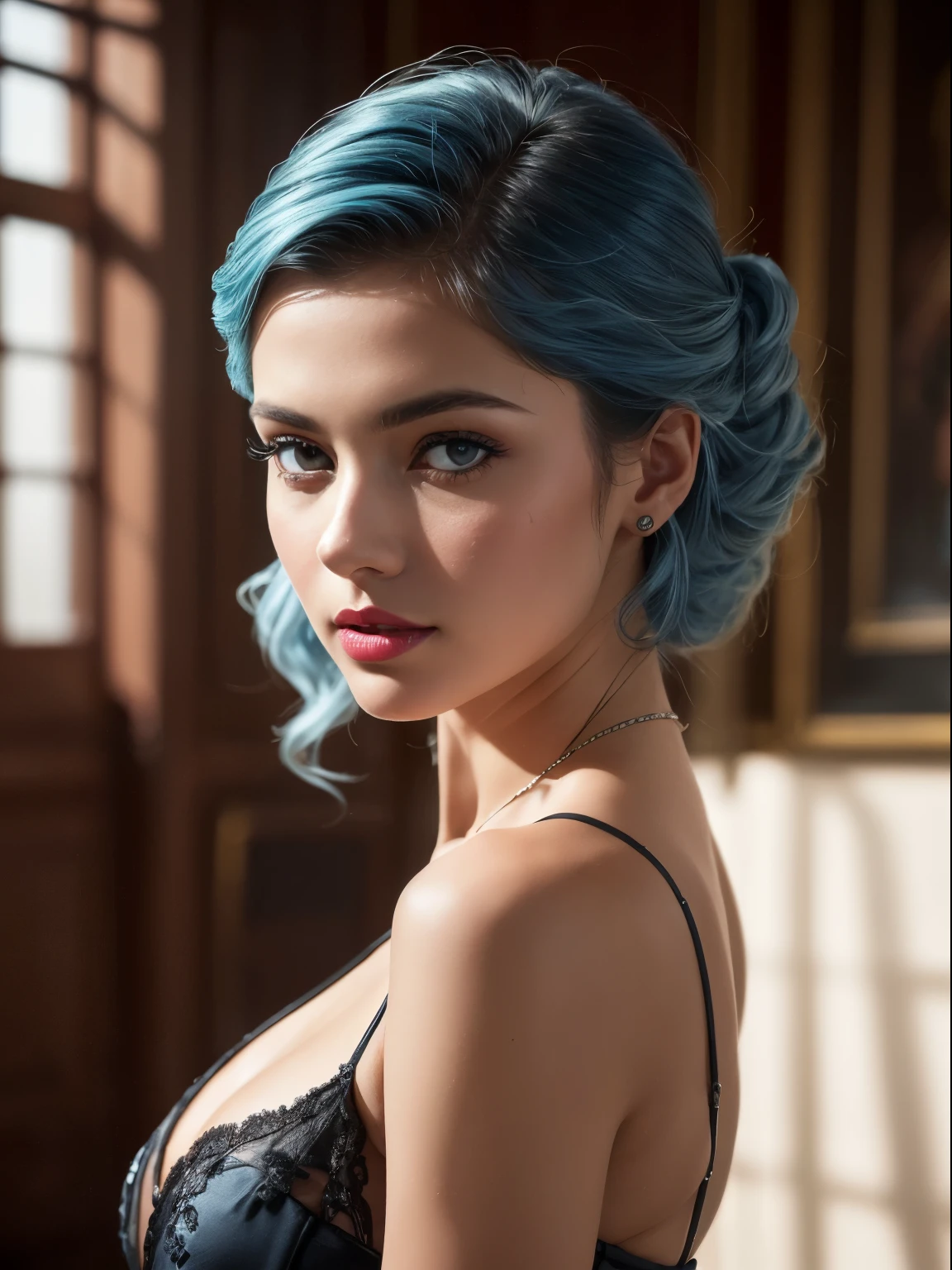 (Best quality,8K,A high resolution,Masterpiece:1.2, DSLR, 16k ),Ultra-detailed,(Realistic,Photorealistic,photo-realistic:1.37),Portrait, Creative style artwork, Historical, classical, Sophisticated, plethora of colors ,Highly detailed, Soft lighting, luxurious environment , black dress, there is young woman , girl wearing a red silk classy royal dress, performing a music video, slim fit (oval perfect shape, asymmetrical face structure, perfect proportion, almond eye type, hazal eye color, detailed eyes, blue hair color, 32 inch breasts, hourglass figure, slim body, pale white skin tone ,sexy girl, 24 years old, soft wavy hair, looking away, attitude expression, professional makeup, pink lips)