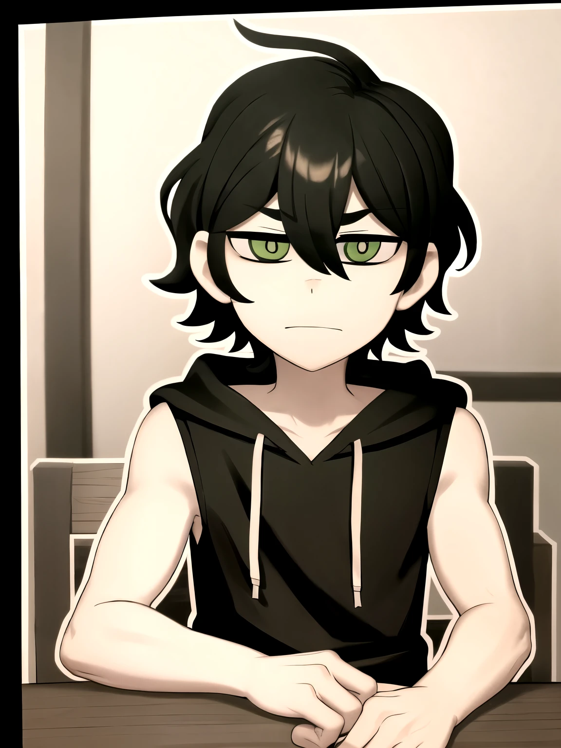Highres, Masterpiece, Best quality at best,High-quality illustrations, monochrome,tcoaal, solo, looking at viewer, short hair, Boy, 1boy, Andrew, hair between eyes, closed mouth,black hair,  green eyes, upper body, ahoge, Sleeveless hoodie, Sintting on the chair, male focus, black background, messy hair, bright pupils, outline, white pupils, white outline, 
