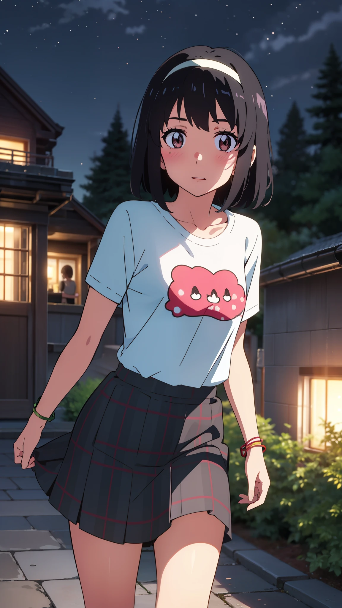 shinkai makoto, kimi no na wa., 1girl, bangs, black hair, blush, bright eyes, brown eyes, red headband, red ribbon, bracelet, short hair, cute, beautiful, shinny skin, looking at viewer, solo, casual shirt, t-shirt, skirt, plaid skirt, outdoors, night, night_sky, forest background, alone, scary