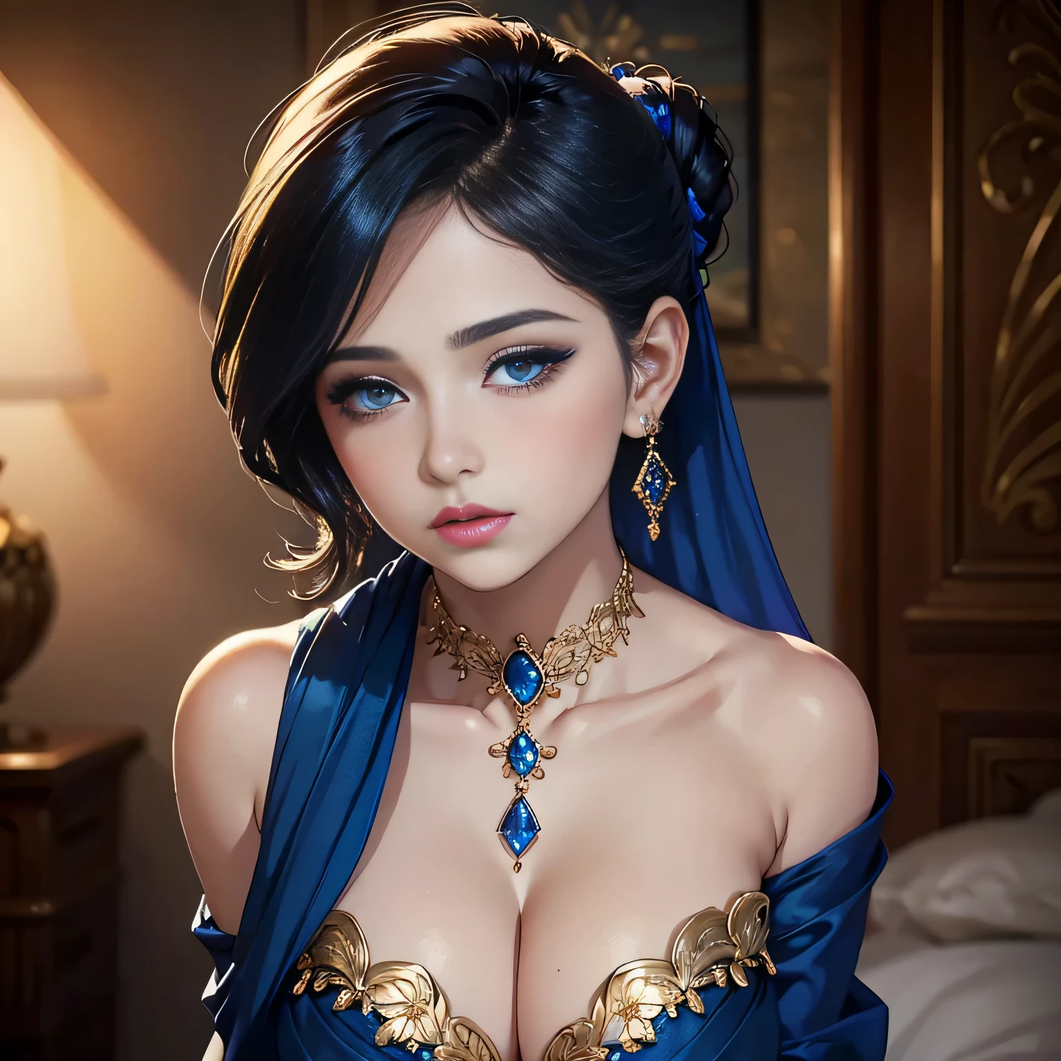 (best quality, realistic:1.37), Amazing portrait of a sexy woman with an elegant hairdo and a beautiful face, wearing a blue sari and a sapphire necklace, showcasing her pale, flawless skin and light, captivating eyes. She has a gentle blush on her cheeks, accentuating her charm. With an alluring body, she possesses an exquisite hourglass figure, which enhances her grace. Her hands rest gracefully on her hips, adding to her confident and poised posture. Her beautiful detailed eyes captivate with their depth and intricate details. Her lips are equally mesmerizing, adorned with intricate details and enhanced by long, fluttering eyelashes.