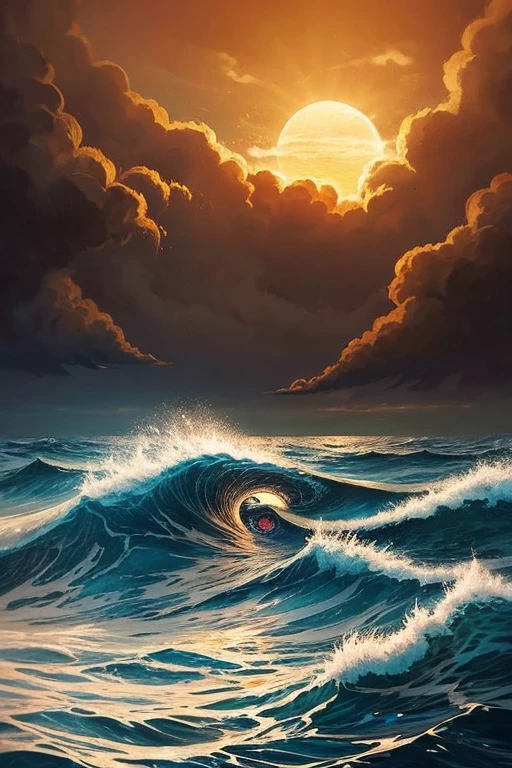A beautiful, detailed and detailed oil illustration of a sun in a sketched pattern like a human eye sinking in a stormy sea. Thick black clouds surround her. The sun raises his hands like someone about to drown and tries to drive away the clouds. The eye sheds a single tear. A picture of despair and darkness. The sun occupies 50% of the image. No people in the picture.