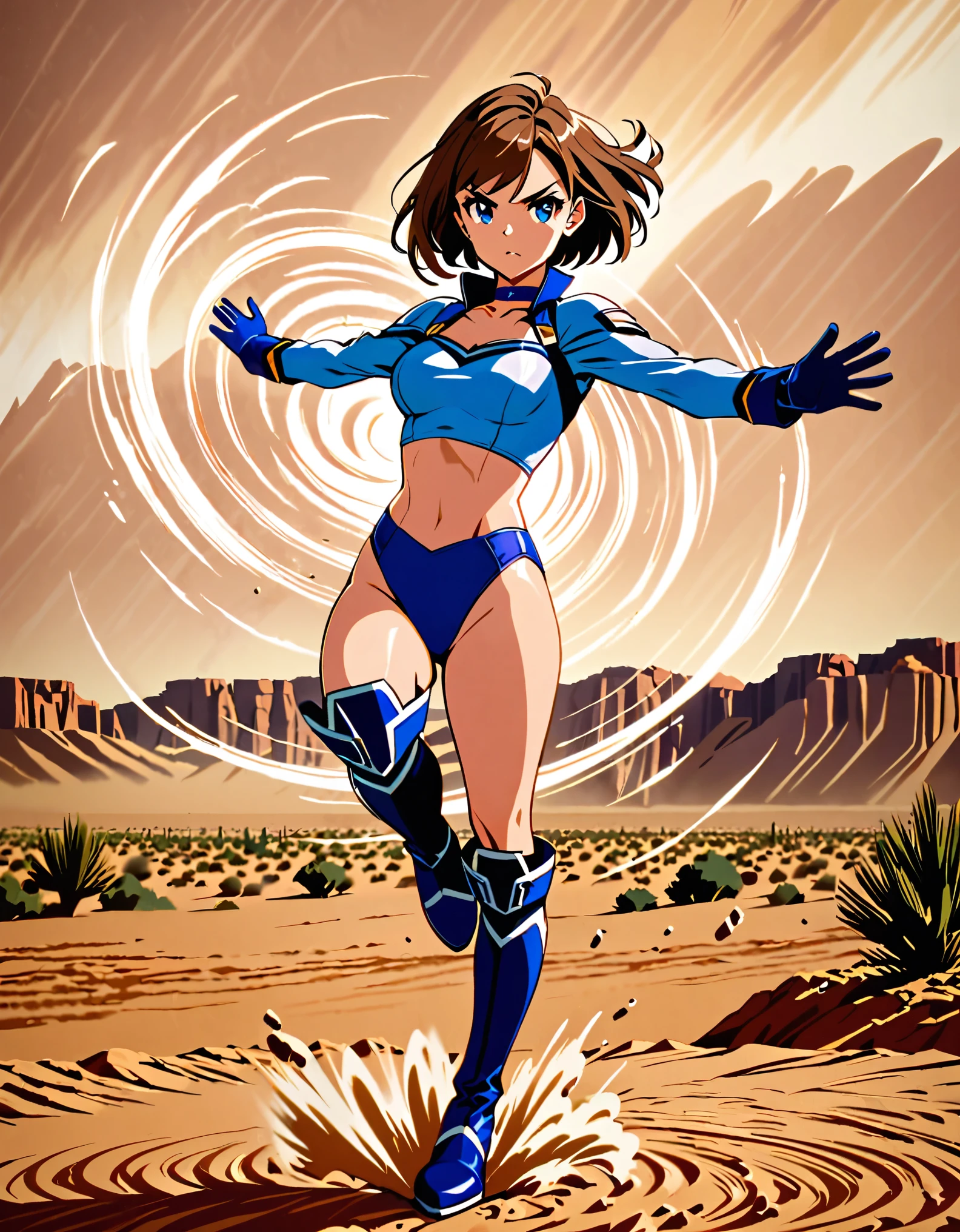 1girl, superhero, blue choker, blue eyes, blue footwear, blue gloves, boots, leotard, midriff, long sleeves, ??????????????, brown hair, knee boots, short hair, bob hair, solo, determined, full body, desert backdrop, sandstorm, college-age female. raised arms. She spins at an incredible speed, creating a whirlwind of air around her. She rotates her body in place at super speed. She spins fast in place like a tornado. Cyclone spinning. Rapid gyration. Tornado winds around her. She super-spins. Speed lines. Spiral lines around her.