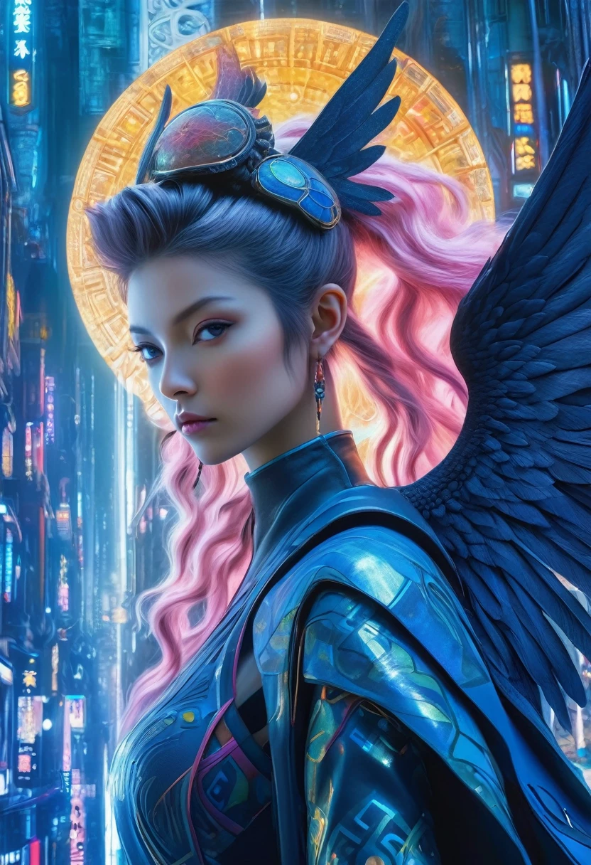 best quality,4k,8k,highres,masterpiece:1.2,ultra-detailed,realistic:1.37,HDR,UHD,studio lighting,ultra-fine painting,sharp focus,physically-based rendering,(Yoshitaka Amano style:1.1),SFW,(safe for work), A 30 years old woman and her guardian familiar, mystical creature,otherworldly creature,enchanting companions,wearing stylish futuristic clothes,inspired by Phantasy Star Online,action shot, (The woman, with her eyes brightly colored, no makeup and her latin facial features elegantly detailed, adding to her allure. Dressed in elegant casual clothes with a stylish futuristic jacket.), (She is accompanied by a guardian, a biblical accurate angel with sacred geometry powers. The creature's presence adds a sense of wonder and magic to the scene.), (The woman and her companion stand in a dark and gothic city, a modern metropolis with surreal plants, and vibrant signs. The colors are vibrant, with a mixture of dark blues, olive, and pale reds creating a dreamlike atmosphere.), (The lighting is soft but illuminating, casting a gentle glow on both the woman and the creature.), (The overall composition has a realistic and photorealistic quality, capturing the essence of the scene in intricate detail.), (The art style is inspired by Yoshitaka Amano, known for his ethereal and otherworldly illustrations. The combination of realistic elements with the artist's unique style creates a captivating and visually stunning image.),Greg Rutkowski