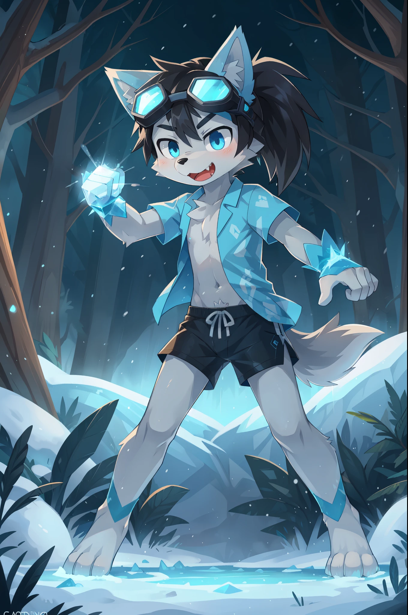 score_9,score_8_up,score_7_up, source_cartoon, source_furry, Furry shota, wolf, black hair, long spiky ponytail, blue eyes, detailed body fur, ((goggles, blue hawaiian shirt, open clothes, one shoulder off, black swim trunks)), looking at another, fangs, clear grey body fur, detailed face, big eyebrows, detailed eyes, detailed body, detailed body fur, detailed hands, glistering body, shiny body, skinny, full body, feets with three toes, 3 toes, solo, ice forest, snow rain, :3, glowing blue eyes, from above, motion blur, standing, sexy, ((ice magic, ice magic aura, surrounded by frost aura, ice particles, ice on hands)), ice lake, glowing blue eyes,