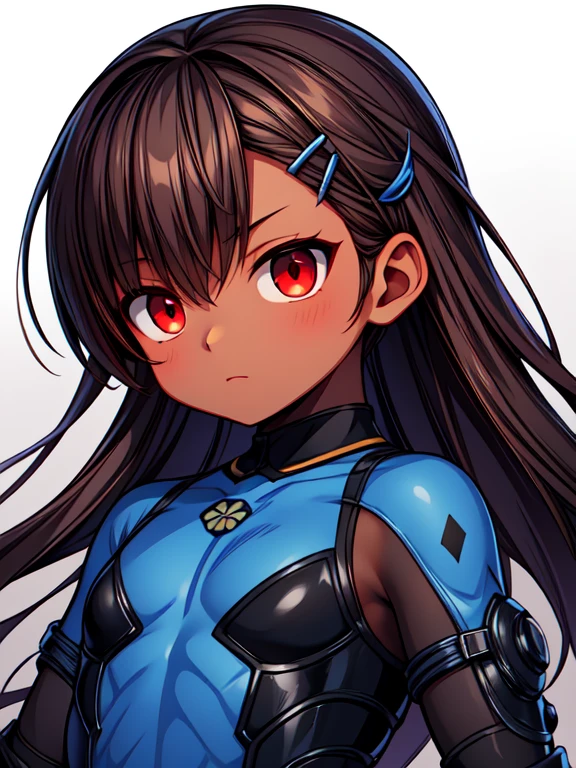 Dead or Alive Kasumi, Masterpiece High res, high definition, (((dark skin tone))),dark skin male, dark skin, cute shota,red eyes, black hairpin, brown hair, long dark brown hair, wearing a black exoskeleton,blue bodysuit,black exoskeleton ninja suit, blue design,