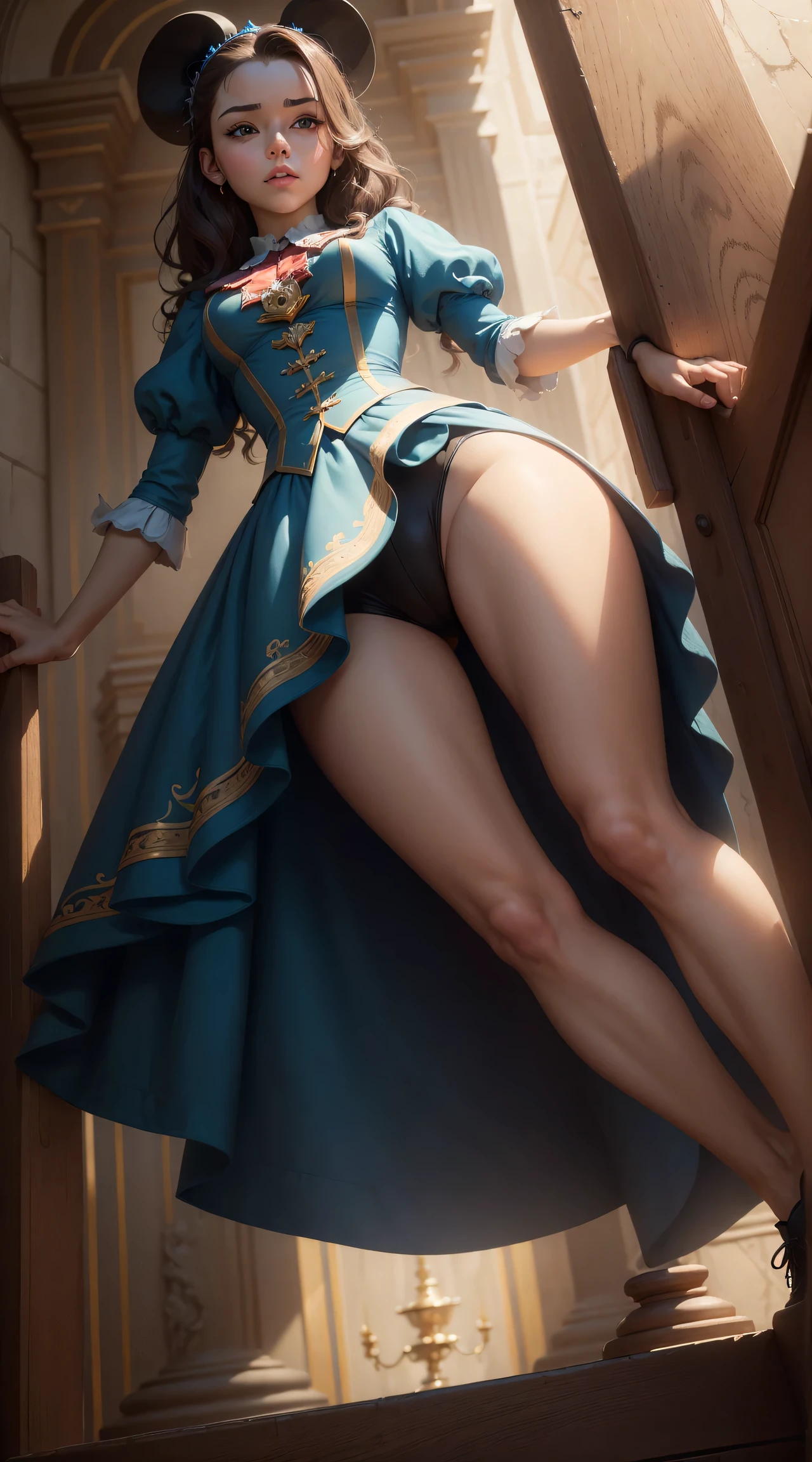 (((masterpiece, best quality)))), Disney female character standing with spreaded legs, low camera angle, from below