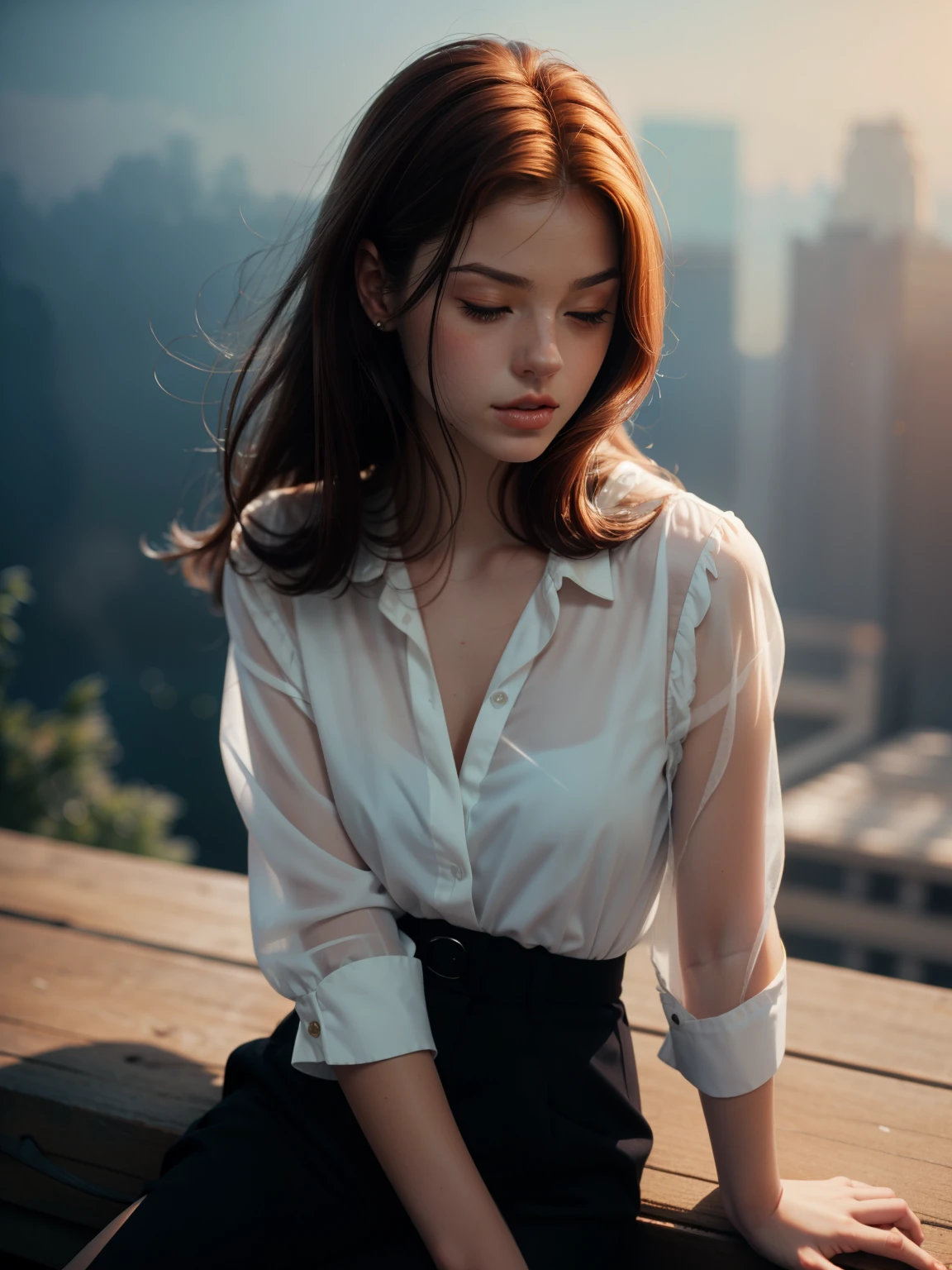 A young woman combination (Gisele Bündchen:0.9), (Meryl Streep:0.75), (Blake Lively:0.8), thin, skinny, frail body, (pale skin),undercut red hair, small breasts, rosey cheeks, small smile, ((heavy gaussian blur)), ((soft lighting)), (((extremely hazy:1.2))), ((film grain)), (extremely bright), vintage film, (dreamy atmosphere), bright vivid colors, portrait, from above shot, blouse, dress pants, flats,