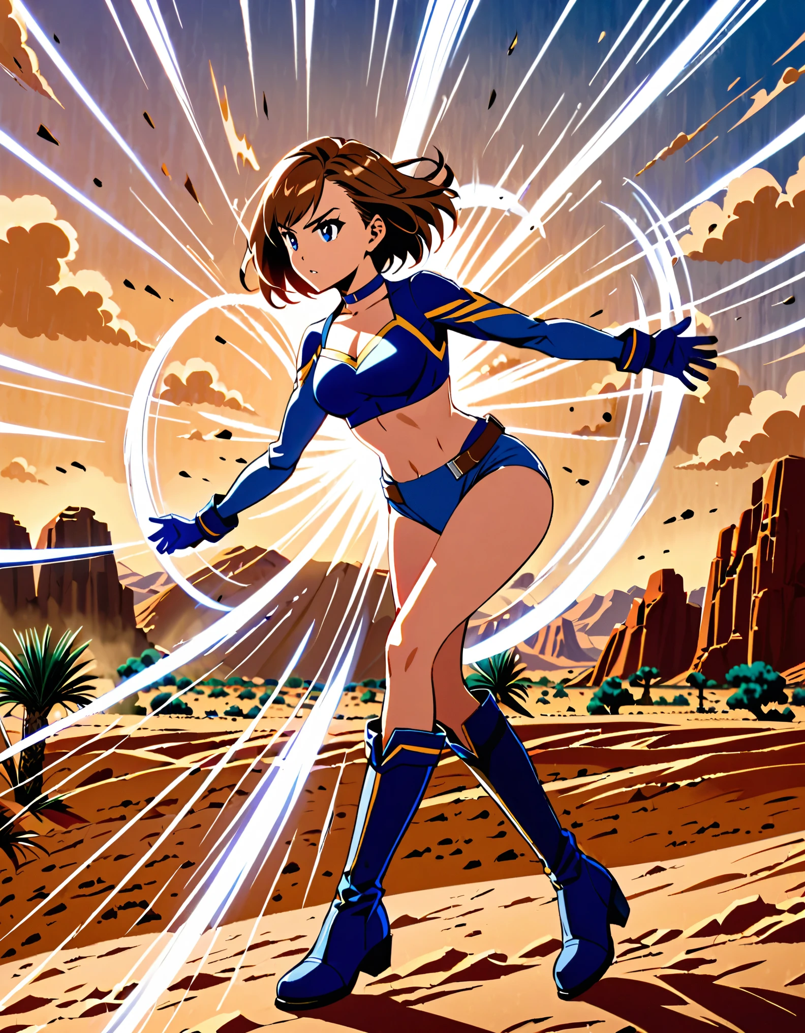 1girl, superhero, blue choker, blue eyes, blue footwear, blue gloves, boots, leotard, midriff, long sleeves, medium breasts, brown hair, knee boots, short hair, bob hair, solo, determined, full body, desert backdrop, sandstorm, college-age female. raised arms. She spins at an incredible speed, creating a whirlwind of air around her. She rotates her body in place at super speed. She spins fast in place like a tornado. Cyclone spinning. Rapid gyration. Tornado winds around her. She super-spins. Speed lines. Spiral lines around her body.