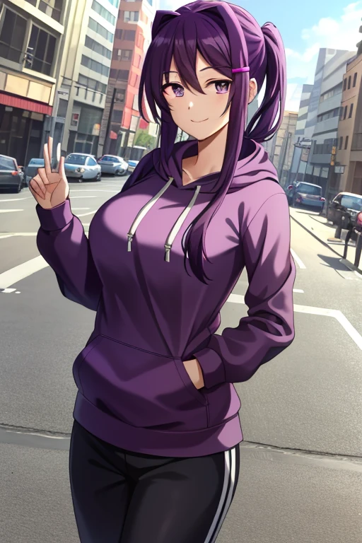 2d, masterpiece, best quality, anime, highly detailed, 1girl, solo, yuri, purple eyes, purple hair, hair between eyes, hairclip, tall, (large breasts:0.8) shy smile, outdoors, black hoodie, purple sweatpants, cowboy shot, looking at viewer, street city background