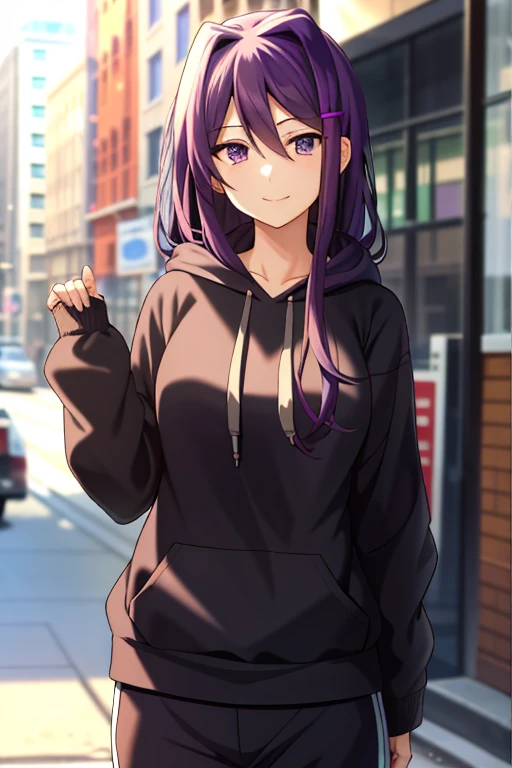 2d, masterpiece, best quality, anime, highly detailed, 1girl, solo, yuri, purple eyes, purple hair, hair between eyes, hairclip, tall, (large breasts:0.8) shy smile, outdoors, black hoodie, purple sweatpants, cowboy shot, looking at viewer, street city background