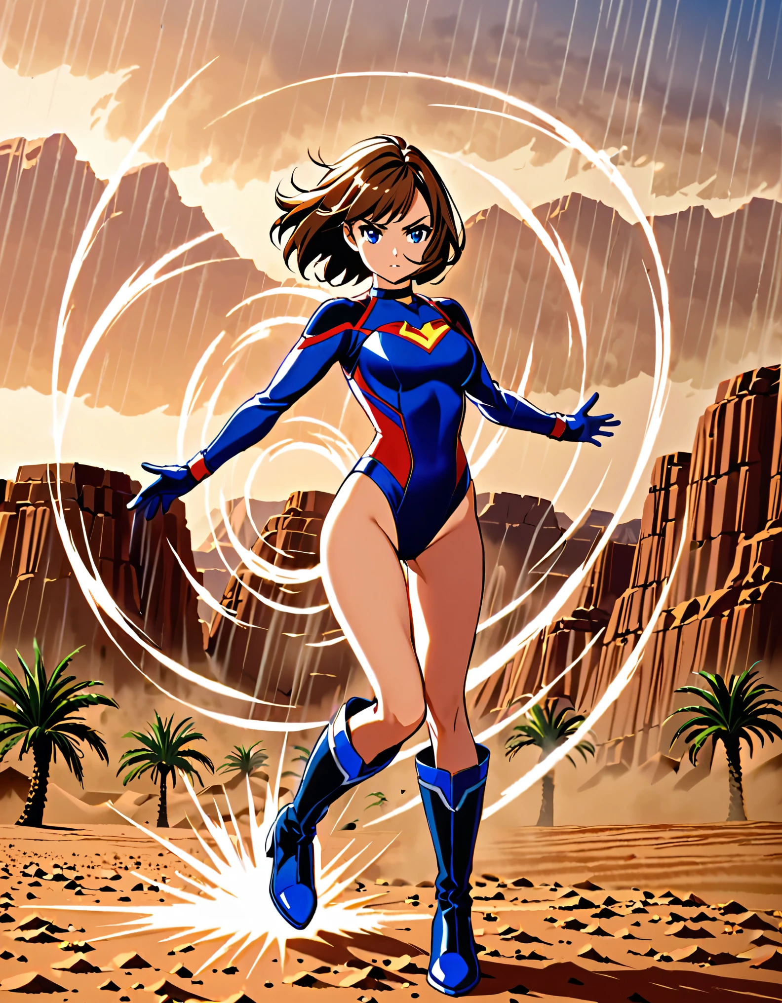 1girl, superhero, blue choker, blue eyes, blue footwear, blue gloves, boots, leotard, midriff, long sleeves, medium breasts, brown hair, knee boots, short hair, bob hair, solo, determined, full body, desert backdrop, sandstorm, college-age female. raised arms. She spins at an incredible speed, creating a whirlwind of air around her. She rotates her body in place at super speed. She spins fast in place like a tornado. Cyclone spinning. Rapid gyration. Tornado winds around her. She super-spins. Speed lines. Spiral lines around her body.