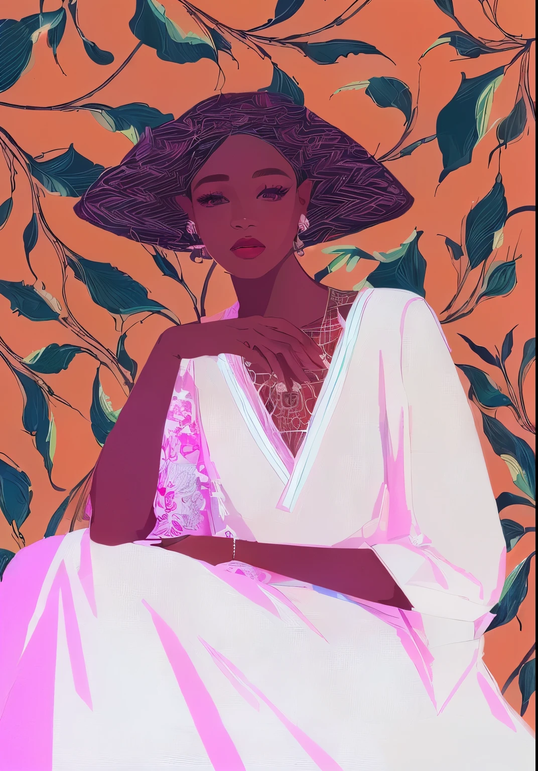 a woman in a white dress sitting on a pink background, in style of digital illustration, illustration style, by Rose Henriques, inspired by Barkley Hendricks, by Lily Delissa Joseph, digital illustration, digital art of an elegant, portrait illustration, colorful illustration, by Chinwe Chukwuogo-Roy, illustration art, digital art illustration