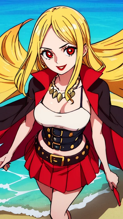 Beautiful anime girl, solo, 1girl, looking at viewer, cute, beautiful, red eyes, long hair, open hair, blonde hair, short braids in hair, strawhat, one piece, smiling, smooth skin, light skin, red lips, anime, best quality, masterpiece, extremely detailed, 4k, red eyes, beautiful red eyes, detailed face, detailed eyes, black top, red open coat, black skirt, golden belt, golden necklace, golden earings, standing, extremely beautiful, highres, high quality eyes, hair covering one eye, wanostyle, ((masterpiece)), (best quality), (extremely detailed), depth of field, sketch, dark intense shadows, sharp focus, soft lighting, hdr, colorful, good composition, spectacular, anime screencap, (Highest quality illustrations:1.2), (Kawaii Girl:1.1), (1girl in, solo:1.5), One pose、Neat and clean image、ultradetailed eyes:1.2), ((red-eyed、Blonde hair:1.5))、hair wavy、curlyhair, hair wavy、BREAK(top-quality、ultra-detailliert、highly detailed and beautiful、超A high resolution、Detailed arm:1.2)、a closeup、bustup, Wink, normal sized breasts, ocean beach background, pirate, high quality jewelry, full body