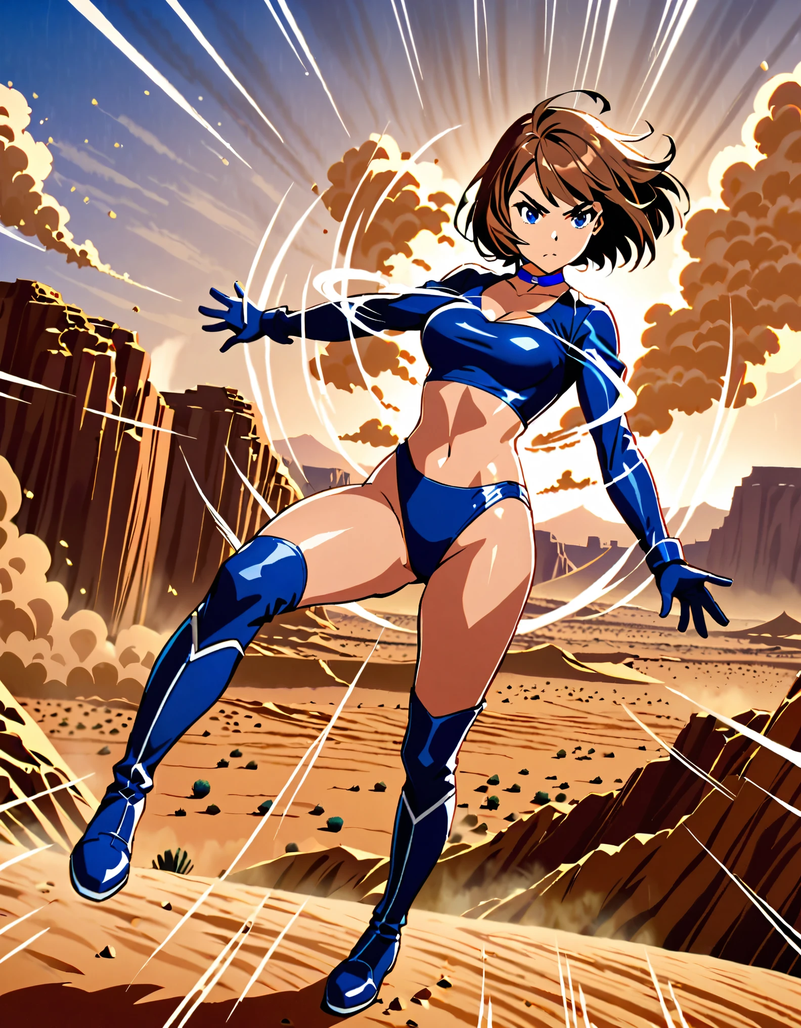 1girl, superhero, blue choker, blue eyes, blue footwear, blue gloves, boots, leotard, midriff, long sleeves, medium breasts, brown hair, knee boots, short hair, bob hair, solo, determined, full body, desert backdrop, sandstorm, college-age female. raised arms. She spins at an incredible speed, creating a whirlwind of air around her. She rotates her body in place at super speed. She spins fast in place like a tornado. Cyclone spinning. Rapid gyration. Tornado winds around her. She super-spins. Speed lines around her body. Spiral lines around her body.