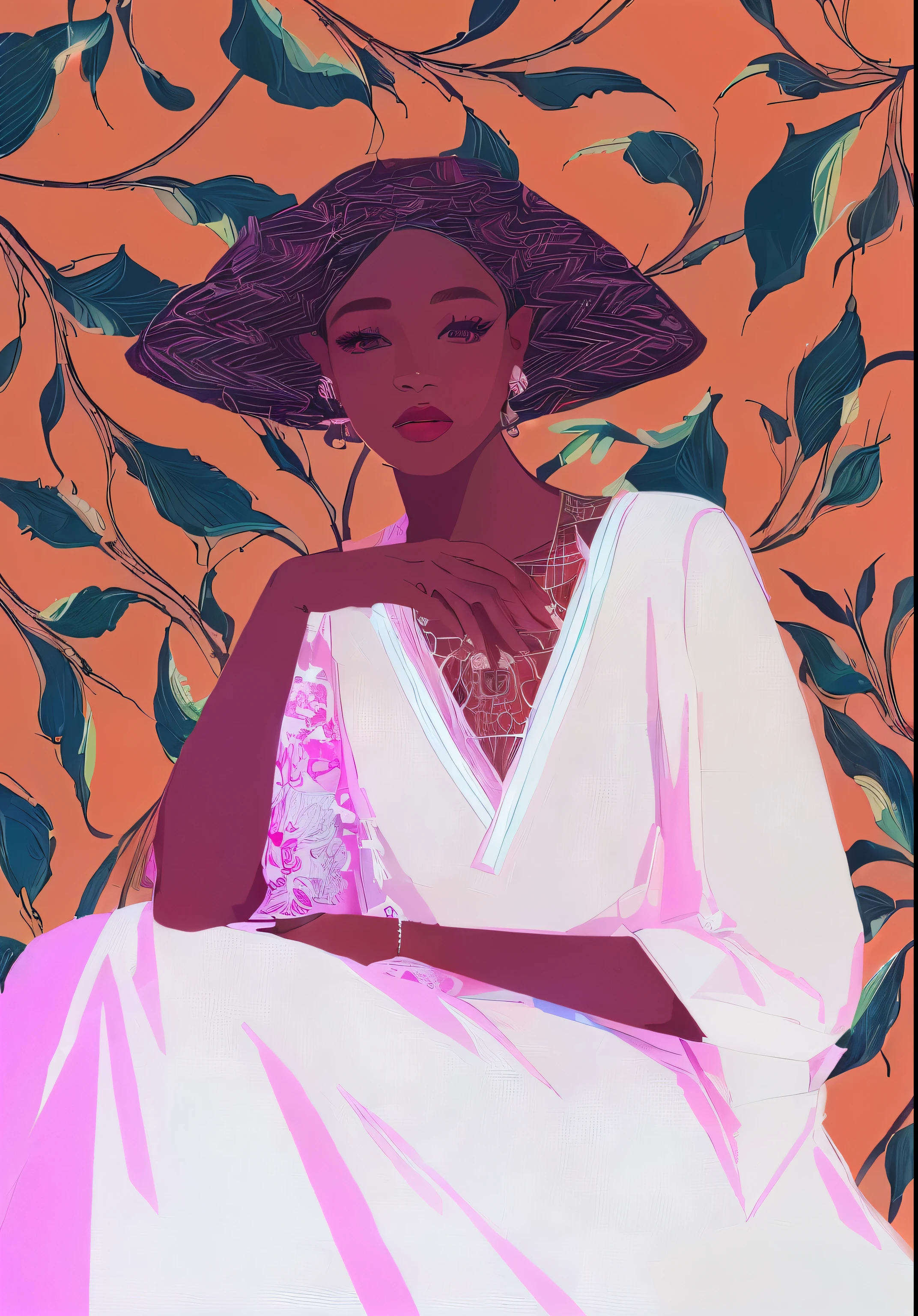 a woman in a white dress sitting on a pink background, in style of digital illustration, illustration style, by Rose Henriques, inspired by Barkley Hendricks, by Lily Delissa Joseph, digital illustration, digital art of an elegant, portrait illustration, colorful illustration, by Chinwe Chukwuogo-Roy, illustration art, digital art illustration