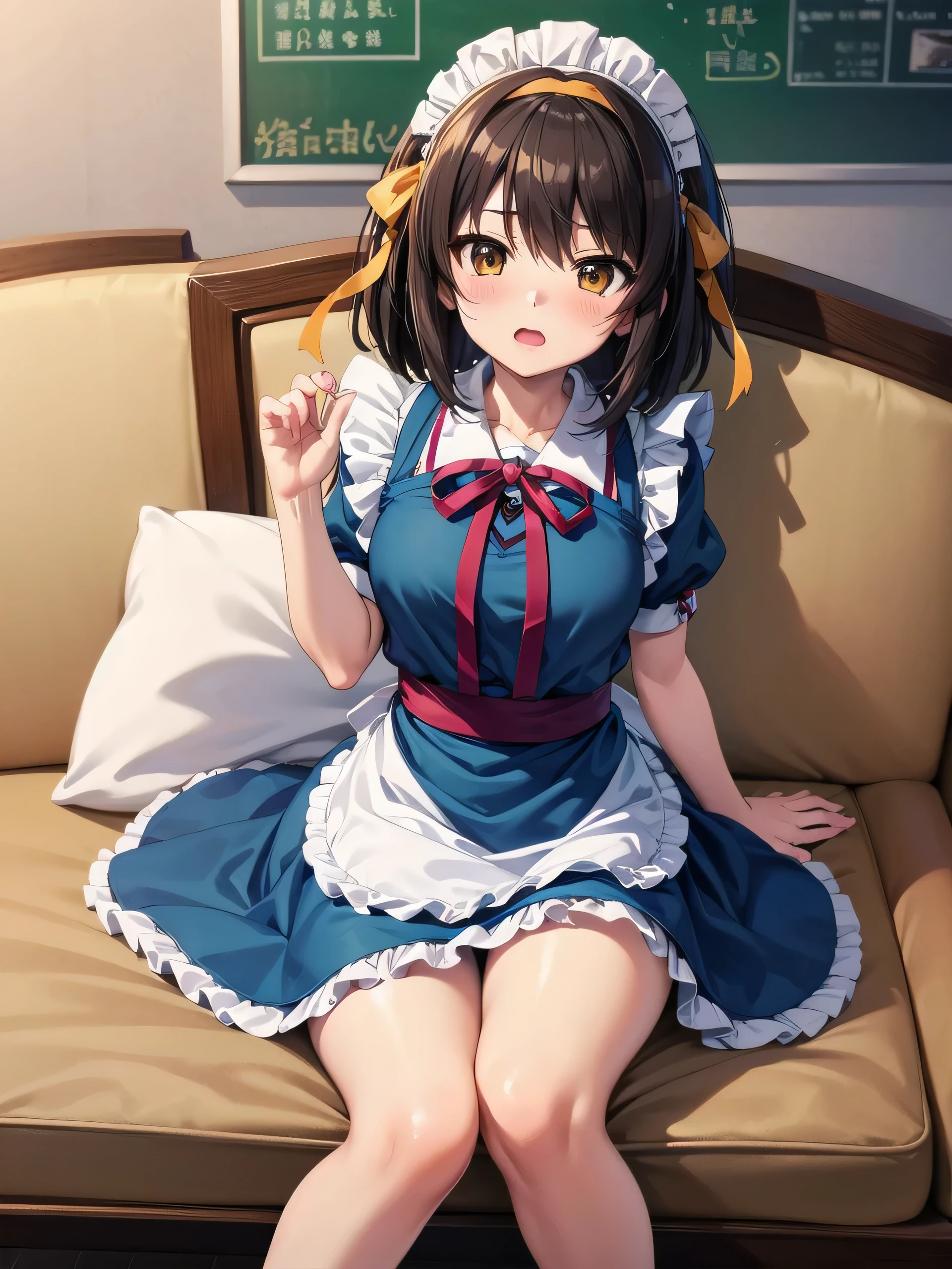Suzumiya haruhi、One girl、Maid clothes、Frills、Puffy short sleeves、solo、Sleep、blush、Sit with your legs apart、Leg spread、Pussy、Thick white love juice、Drip a large amount of love juice、Close ~ eyes、Open your mouth、、ergartener's body、low length、Child's 、Put your finger in、Intense masturbation、Big Breasts、Intense masturbation、Clothes are see-through、Nipples、Deep cleavage、Completely naked、Transparent clothes
