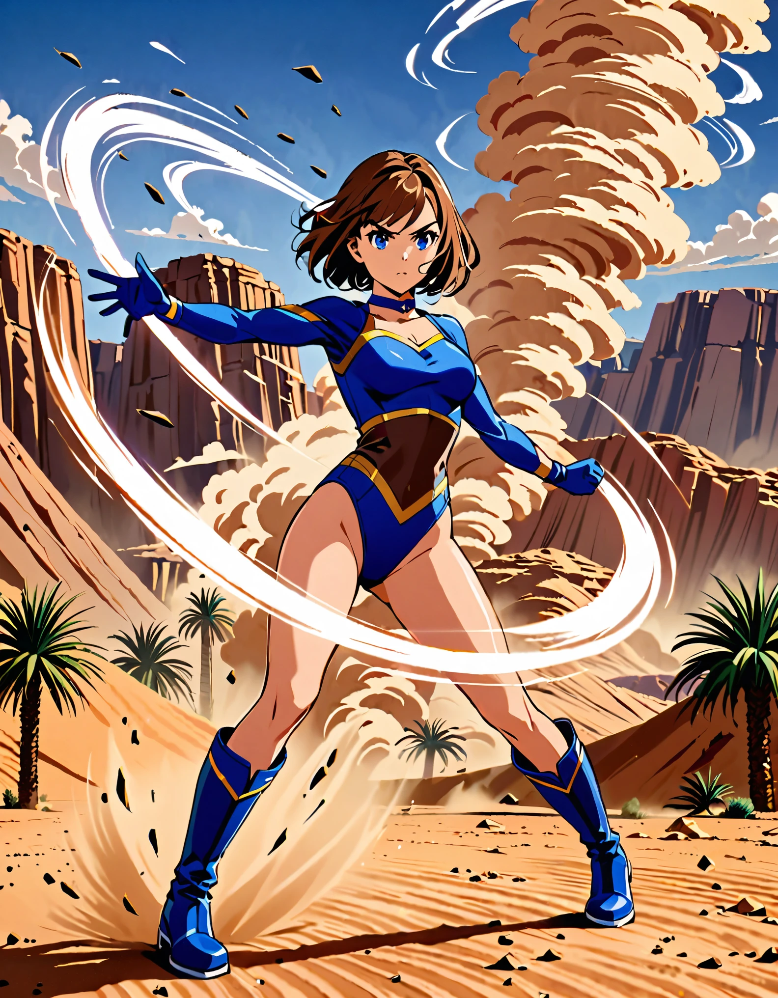 1girl, superhero, blue choker, blue eyes, blue footwear, blue gloves, boots, leotard, midriff, long sleeves, medium breasts, brown hair, knee boots, short hair, bob hair, solo, determined, full body, desert backdrop, sandstorm, college-age female. raised arms. She spins at an incredible speed, creating a whirlwind of air around her. She rotates her body in place at super speed. She spins fast in place like a tornado. Cyclone spinning. Rapid gyration. Tornado winds around her. She super-spins. Spiral lines around her body.