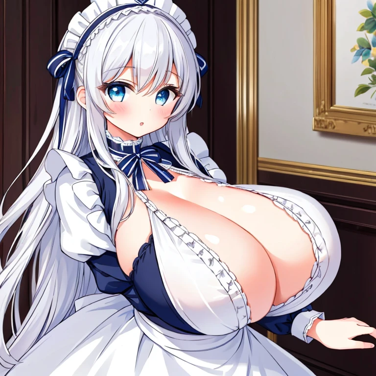 ((Masterpiece)), ((1girl)), ((Best Quality)), ((Perfectly Drawn)), ((Best Detail)). A Beautiful Cute Girl, with ((Absolutely Enormous Breasts: 1.5)), wearing a Pretty Maid Outfit, Huge Cleavage,