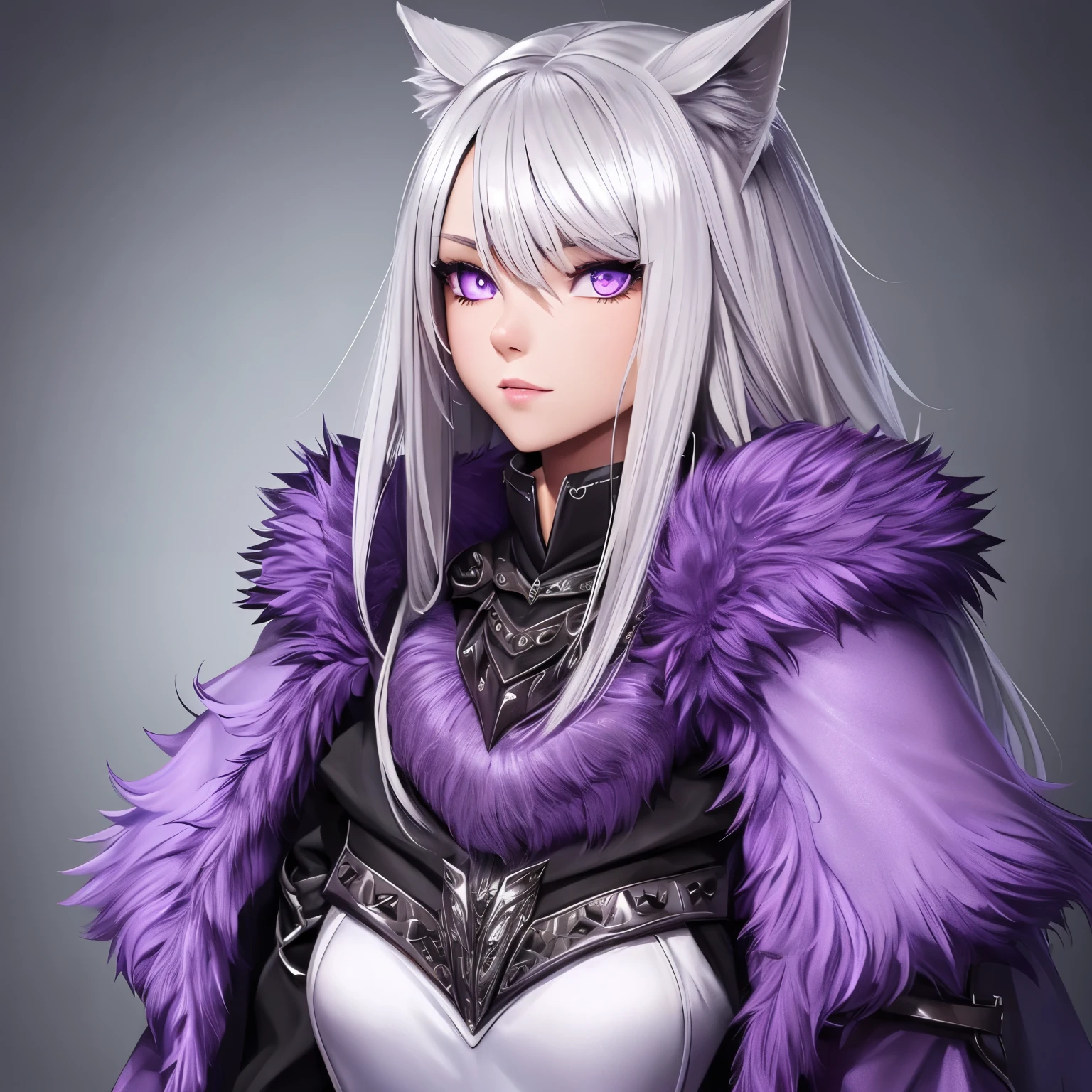 Wolf kin, girl, tall, silver hair and fur, purple eyes