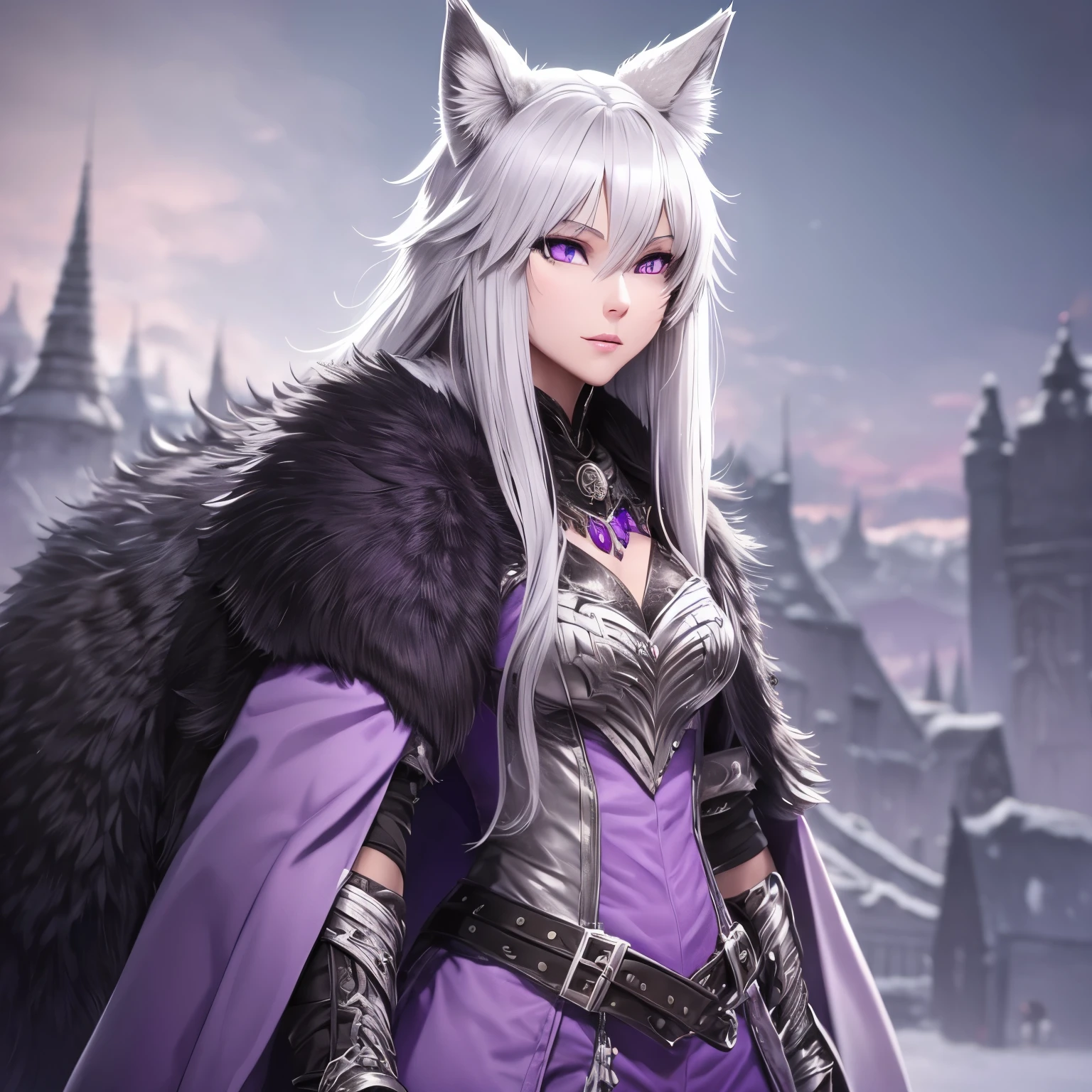 Wolf kin, girl, tall, silver hair and fur, purple eyes