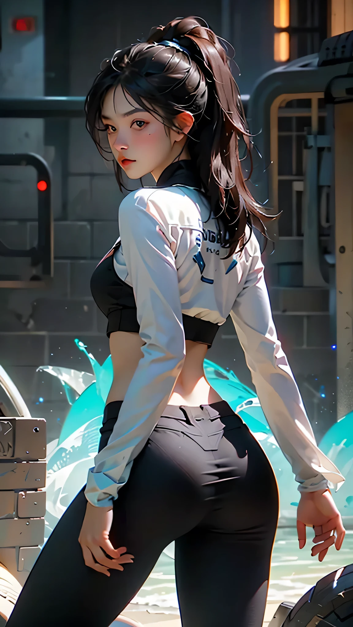 Maximum detail:1.54, (A seductive stunningly beautiful, late-, Asian girl named (Nia)) is a stealthy assassin on a futuristic cybernetic planet where she has business, and her business is death. She is extraordinarily gorgeous:1.53, Nia has long, flowing, lustrous, black hair, the color of polished obsidian. (finely detailed hair), (her dazzling, expressive eyes):1.44 are the brightest blue you could imagine, a supernatural blue:1.51, her facial features were given a perfect score of 100% on a golden ratio assessment, making her the most beautiful woman in the galaxy, if not the entire universe. (Nia has the physique of a top bikini model:1.33, natural beauty), she is very fit, but not ripped. She has firm buttocks, medium perky breasts, a toned midriff, and sleek, silky, smooth, legs, even her feet were amazing. She was dressed in her finest gear, a black one-piece jumpsuit made of graphene fibers, it could change color, make her invisible, give her strength, and can be controlled via an implant in her brain. She is on a low rooftop, hovering above a security guard, oblivious to the fact that his time has come. He was in the way, and that's all there is to it. She unsheathed her razor-sharp daggers, their polished steel gleaming in the moonlight, all her synapses firing at once she was poised and ready to strike. high angle, cinematic, exceptional composition, and detail, dramatic lighting, maximum detail, Ultra-high-quality, Ultra-fine-details, cinematic movie still, masterpiece, the best quality possible, highest possible resolution, 8k, ray tracing, HDR, UHD, volumetric lighting, Absurd resolution, textured details, exquisite shading and lighting, golden hour, rule of thirds, over the shoulder, back view, God rays, God particles, Unreal Engine 5, Unity Engine, Blender, corona render, octane render, exquisite lighting and shading, textured skin, shiny skin, natural beauty:1.3, repeat positive prompts, repeat negative prompts, photorealistic:1.43, realistic,