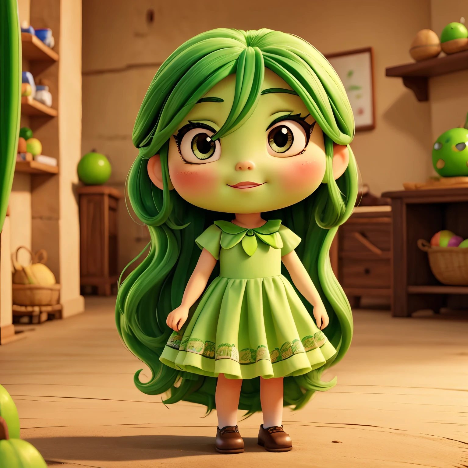 Make an avocado With a face that is an avocado girl with a dress Thick lips beautiful and with long eyelashes