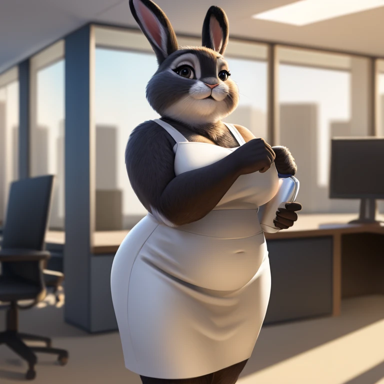 A gray chubby rabbit, wearing a white tube dress, office background, highest detail, anthro, furry art, high realistic shadows, 4k, high realistic lighting