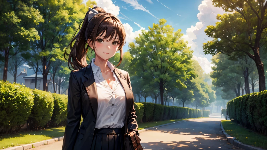 1girl, full body, solo, summer, village, trees, sun, clouds, ((brown hair)), ponytail, large breasts, ((black blazer)), button down shirt, ((white shirt)), ((unbuttoned shirt)), unbuttoning buttons, brown eyes, skirt, smile, looking at the viewer, standing, hair ribbon, golden necklate, shoulder bag