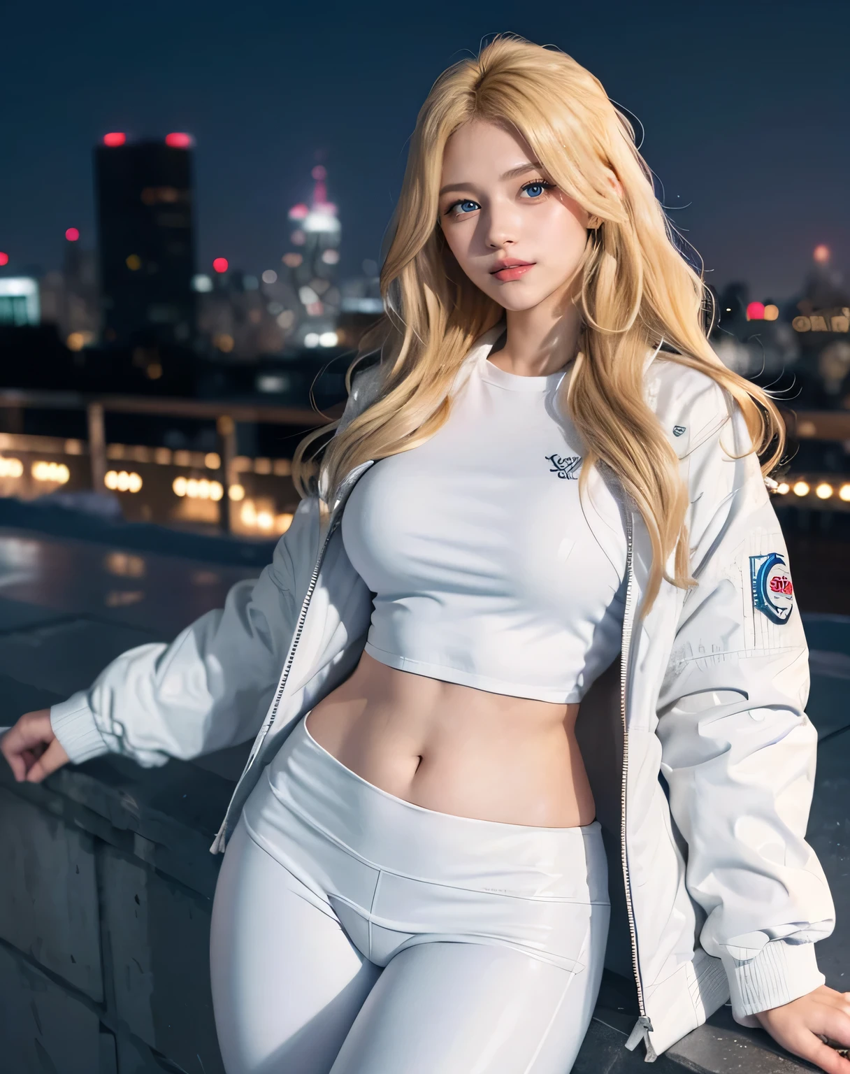 1girl, (Blue Eyes), (smiling), (Sana Minatozaki), (beautiful makeup :1.2), wide hips, Big tits, big ass, (thin waist: 1.2), (thick and toned thighs), (Best Quality, 8k, Masterpiece: 1.3), Clear Focus: 1.2, Perfect Body Beauty: 1.4, Highly detailed face and skin texture, detailed eyes, double eyelids, red lips, (blonde long wavy hair :1.2), (White long sleeve t-shirt), (white warm winter jacket :1.3), warm clothing, (white leggings :1.2), standing, dynamic pose, in a Rooftop, city at night, buildings with colored lights in the background