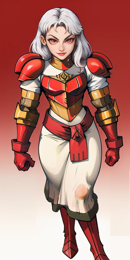 (masterpiece, best quality, 4k, 1girlsolo, 1MILF, mmplatz, smile, red cheeks, plain background:1.2) perfect face, perfect lighting, mature whsororitas with gloves red gauntlets in her hands like Cammy White from Street Fighter, bob white hair, warhammer 40k power armor suit with loincloth, red eyes like rubies, full body RED armor, view from below, looking to the viewer, arms to the sides empty hands, RED military boots, silver skull ornament attached to crossing 2 belt wide hips, 2 long legs