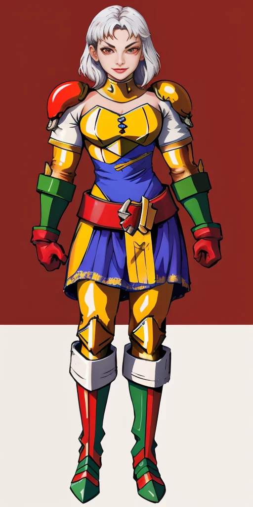 (masterpiece, best quality, 4k, 1girlsolo, 1MILF, mmplatz, smile, red cheeks, plain background:1.2) perfect face, perfect lighting, mature whsororitas with gloves red gauntlets in her hands like Cammy White from Street Fighter, bob white hair, warhammer 40k power armor suit with loincloth, red eyes like rubies, full body RED armor, view from below, looking to the viewer, arms to the sides empty hands, RED military boots, silver skull ornament attached to crossing 2 belt wide hips, 2 long legs