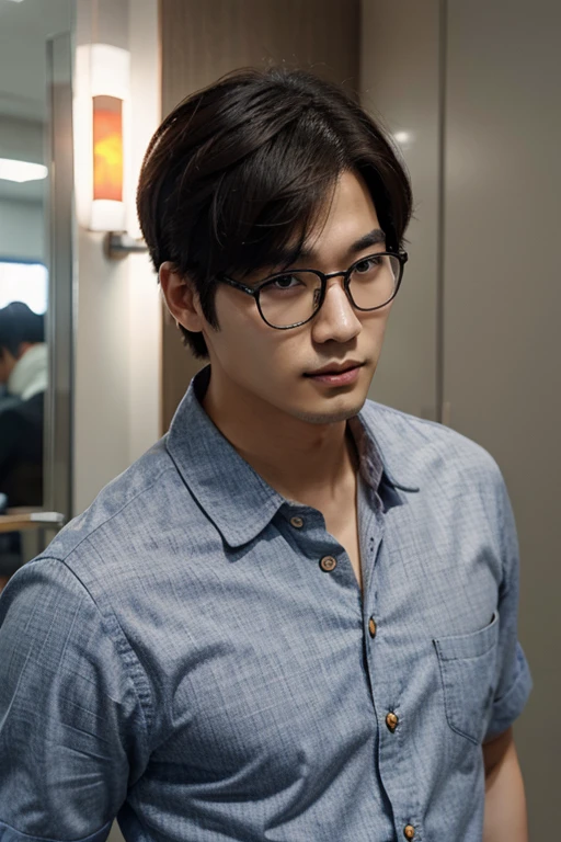 very handsome short hair korean man wearing glasses