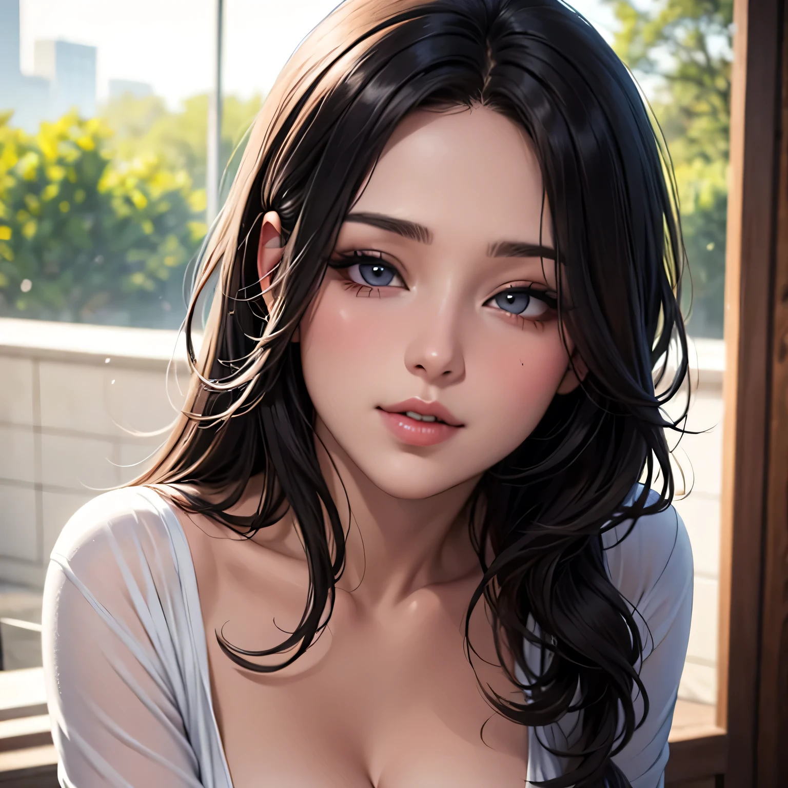 (best quality,4k,8k,highres,masterpiece:1.2),ultra-detailed,(realistic,photorealistic,photo-realistic:1.37),beautiful detailed eyes,beautiful detailed lips,extremely detailed eyes and face,long straight hair,blushing intensely,parted lips,gorgeous face,long oversized white shirt,piercing eyes,radiant smile,feminine beauty,subtle makeup,sleek hairstyle,vibrant colors,hint of shyness,graceful posture,soft and gentle expression,sublime charm,sublime sensuality,alluring gaze,dreamy atmosphere,natural lighting,graceful and delicate features,intricate details,stunning realism,perfection in every brushstroke