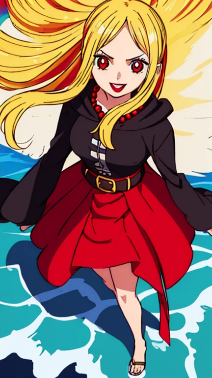 Beautiful anime girl, solo, 1girl, looking at viewer, cute, beautiful, red eyes, long hair, open hair, blonde hair, short braids in hair, strawhat, one piece, smiling, smooth skin, light skin, red lips, anime, best quality, masterpiece, extremely detailed, 4k, red eyes, beautiful red eyes, detailed face, detailed eyes, black top, red open coat, black skirt, 1 golden belt, golden necklace, golden earings, standing, extremely beautiful, highres, high quality eyes, hair covering one eye,  wanostyle, ((masterpiece)), (best quality), (extremely detailed), depth of field, sketch, dark intense shadows, sharp focus, soft lighting, hdr, colorful, good composition, spectacular, anime screencap, (Highest quality illustrations:1.2), (Kawaii Girl:1.1), (1girl in, solo:1.5), One pose、Neat and clean image、ultradetailed eyes:1.2), ((red-eyed、Blonde hair:1.5))、hair wavy、curlyhair, hair wavy、BREAK(top-quality、ultra-detailliert、highly detailed and beautiful、超A high resolution、Detailed arm:1.2)、a closeup、bustup, Wink, normal sized breasts, ocean beach background, pirate, high quality jewelry, full body