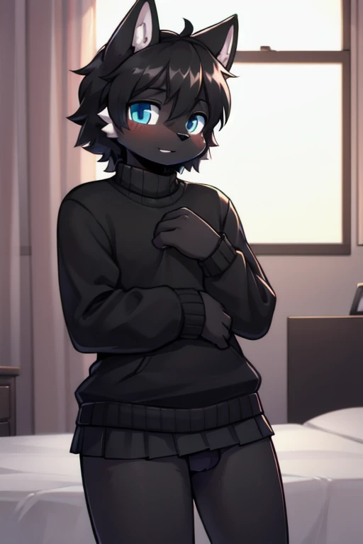Cute boy black furry blackfur, with a black sweater and a black and white skirt in his room , pelajenegro, muslos, exagerado, femboy