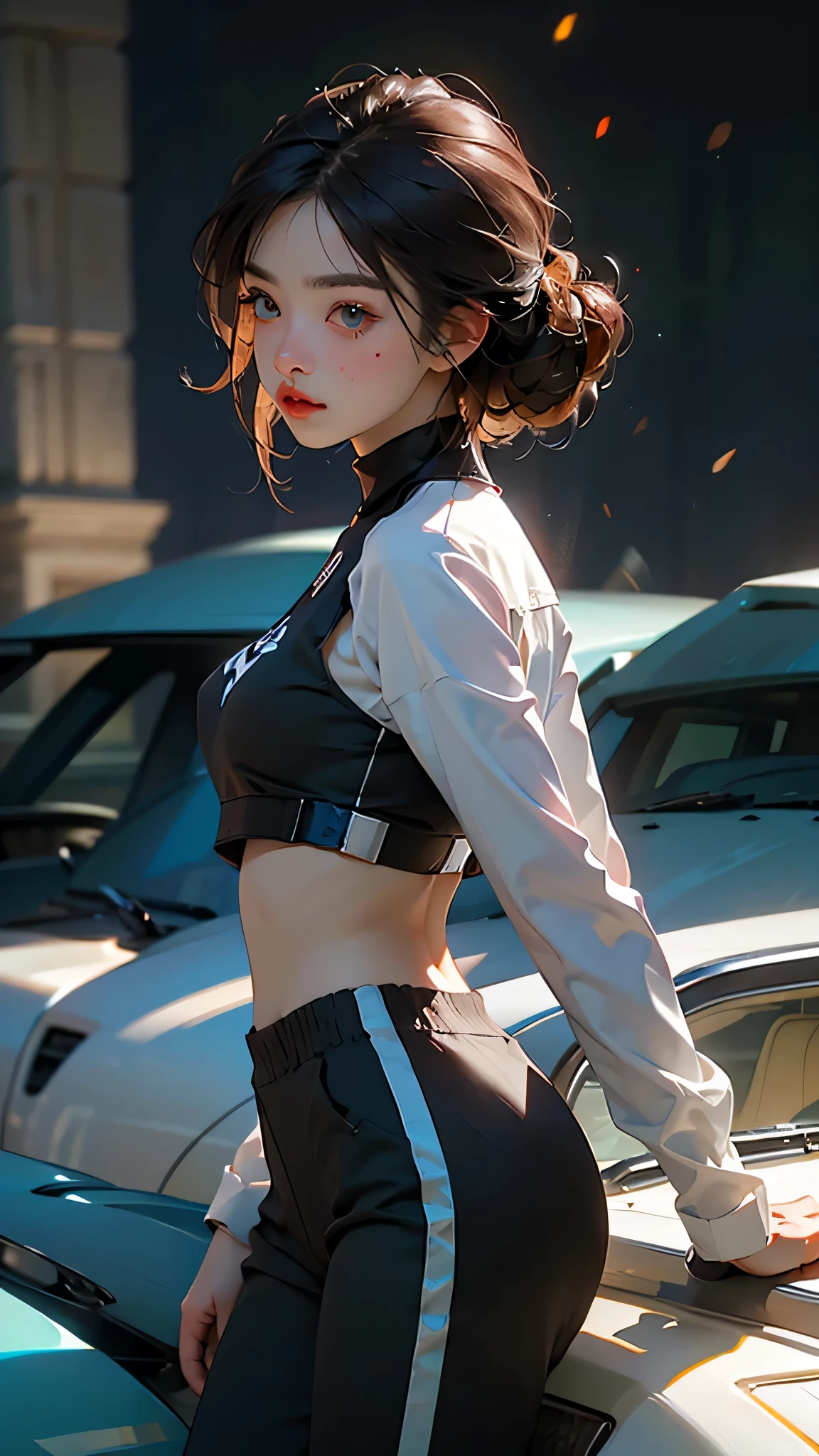 Maximum detail:1.54, (A seductive stunningly beautiful, late-teen, Asian girl named (Nia)) is a stealthy assassin on a futuristic cybernetic planet where she has business, and her business is death. She is extraordinarily gorgeous:1.53, Nia has long, flowing, lustrous, black hair, the color of polished obsidian. (finely detailed hair), (her dazzling, expressive eyes):1.44 are the brightest blue you could imagine, a supernatural blue:1.51, her facial features were given a perfect score of 100% on a golden ratio assessment, making her the most beautiful woman in the galaxy, if not the entire universe.  (Nia has the physique of a top bikini model:1.33, natural beauty), she is very fit, but not ripped. She has firm buttocks, medium perky breasts, a toned midriff, and sleek, silky, smooth, legs, even her feet were amazing. She was dressed in her finest gear, a black one-piece jumpsuit made of graphene fibers, it could change color, make her invisible, give her strength, and can be controlled via an implant in her brain. She is on a low rooftop, hovering above a security guard, oblivious to the fact that his time has come. He was in the way, and that's all there is to it.  She unsheathed her razor-sharp daggers, their polished steel gleaming in the moonlight, all her synapses firing at once she was poised and ready to strike. high angle, cinematic, exceptional composition, and detail, dramatic lighting, maximum detail, Ultra-high-quality, Ultra-fine-details, cinematic movie still, masterpiece, the best quality possible, highest possible resolution, 8k, ray tracing, HDR, UHD, volumetric lighting, Absurd resolution, textured details, exquisite shading and lighting, golden hour, rule of thirds, over the shoulder, back view, God rays, God particles, Unreal Engine 5, Unity Engine, Blender, corona render, octane render, exquisite lighting and shading, textured skin, shiny skin, natural beauty:1.3, repeat positive prompts, repeat negative prompts, photorealistic:1.43, realistic,
