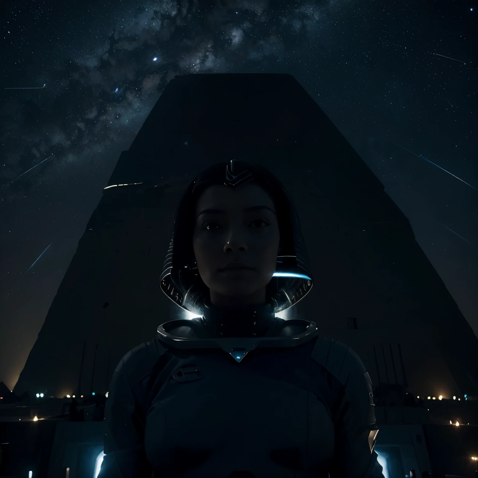 I imagine an intriguing scene with spaceships hovering over the Egyptian pyramids, contrasting with the starry night sky. The shapes of the ships would be futuristic, with bright lights highlighting their silhouettes against the darkness. The scene evokes a feeling of mystery and wonder, suggesting encounters beyond our world with extraterrestrial civilizations.