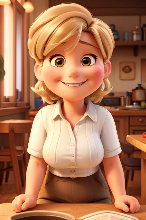 50 year old woman, short brown hair with blonde tips, a little chubby, smiling, white teeth, sitting in a chair, almost falling off the chair, beer in hand ((best quality)), Disney Pixar style, perfect face