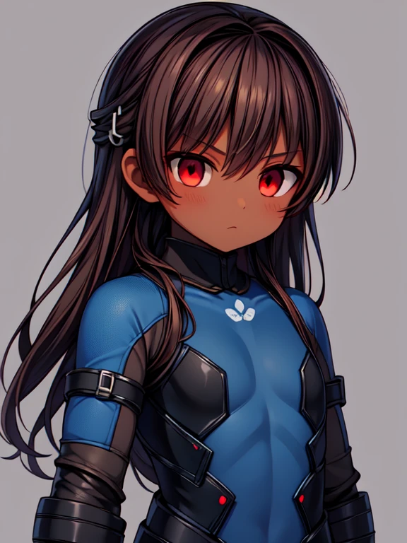 Dead or Alive Kasumi, Masterpiece High res, high definition, (((dark skin tone))),dark skin male, dark skin, cute shota,red eyes, black hairpin, brown hair, long dark brown hair, wearing a black exoskeleton,blue bodysuit,black exoskeleton ninja suit, blue design,