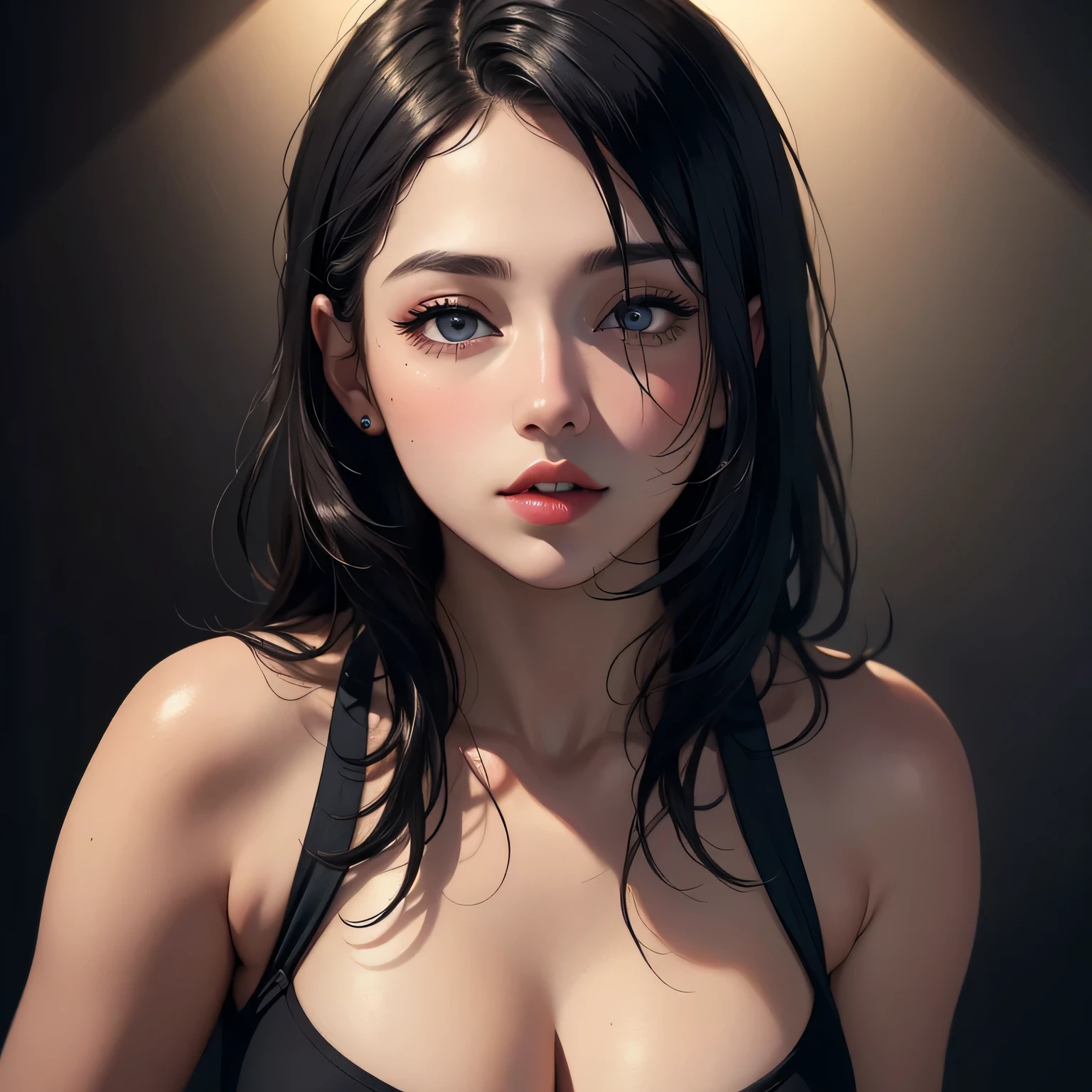 (best quality,4k,8k,highres,masterpiece:1.2),ultra-detailed,(realistic,photorealistic,photo-realistic:1.37),sultry,stunning woman,captivating gaze,flawless makeup,childhood best friend,glow up,black tank top,black short shorts,alluring figure,thick thighs,wide hips,provocative aura,portrait,beautiful detailed eyes,beautiful detailed lips,extremely detailed eyes and face,longeyelashes,medium:illustration,realistic painting,high fashion,professional,studio lighting,vivid colors,warm color tone,dimmed lighting